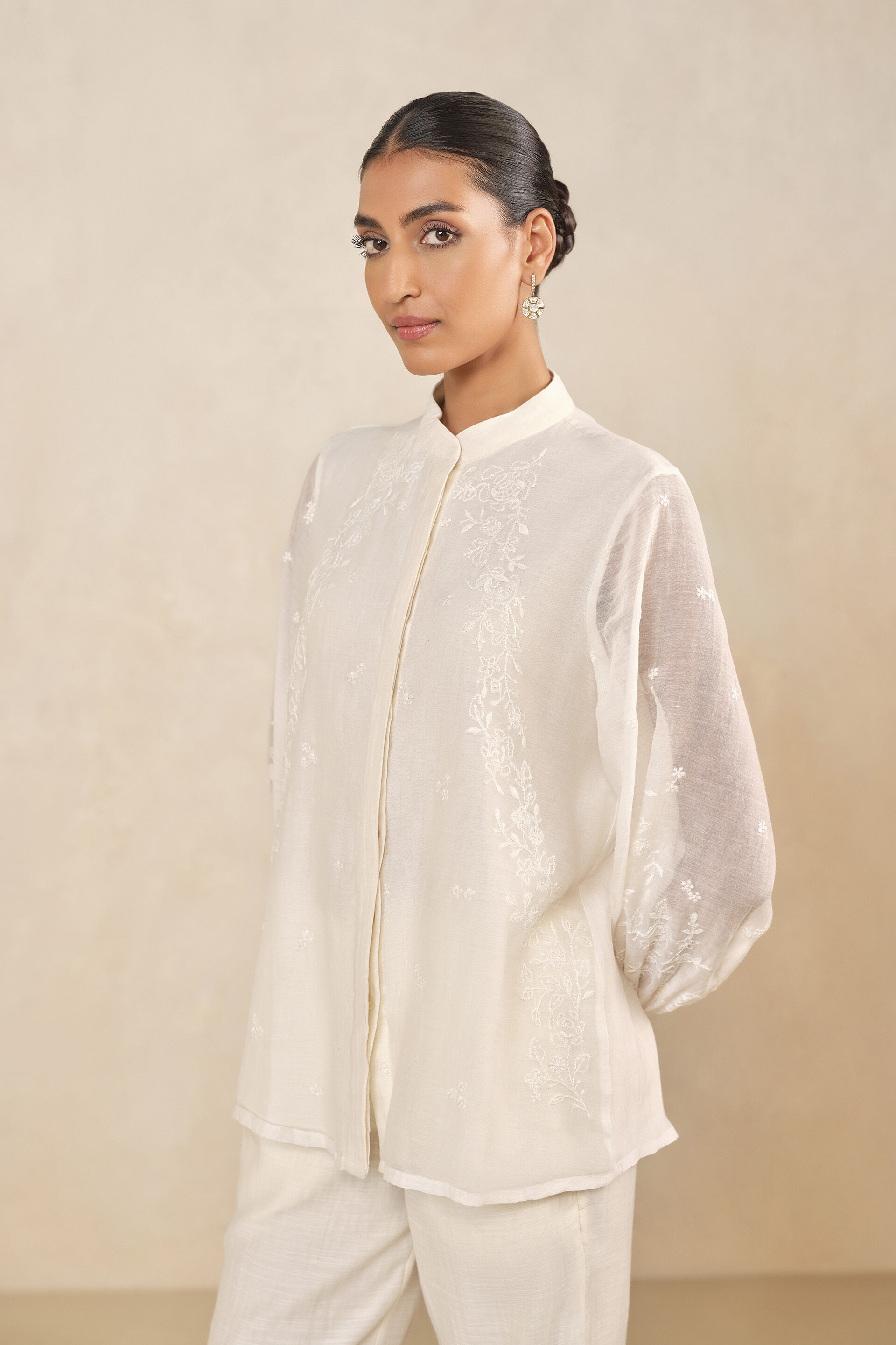 Haiku Chikankari Hand-embroidered Mul Shirt - Ivory, Ivory, image 4